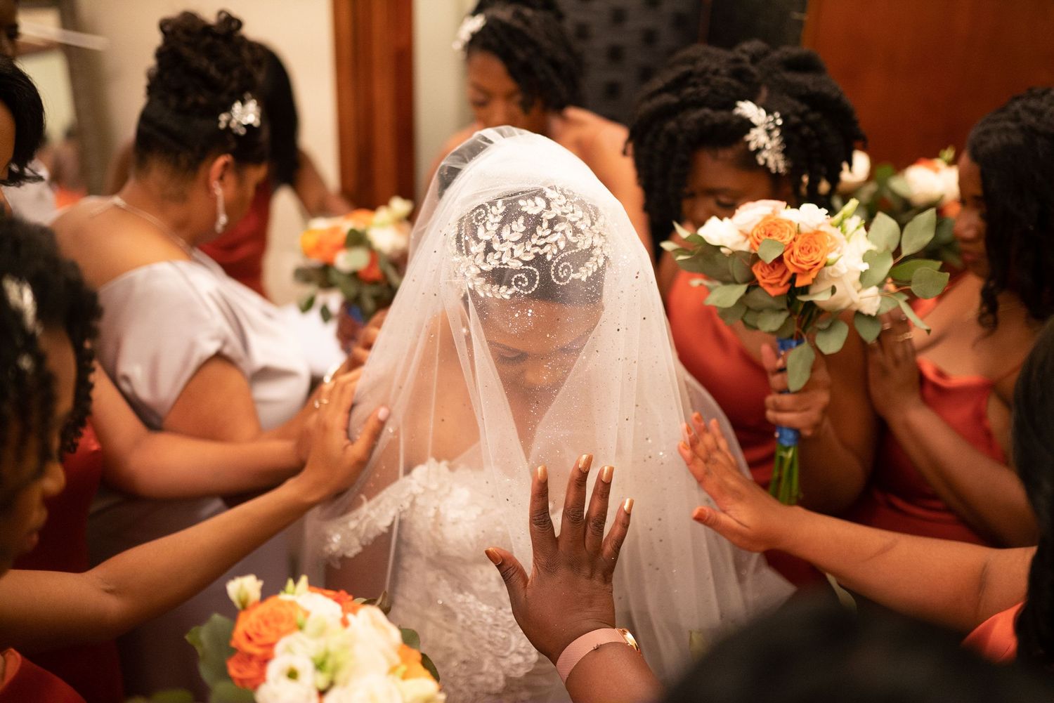 Wedding celebration sequence showing emotional moments with bride in traditional white dress.