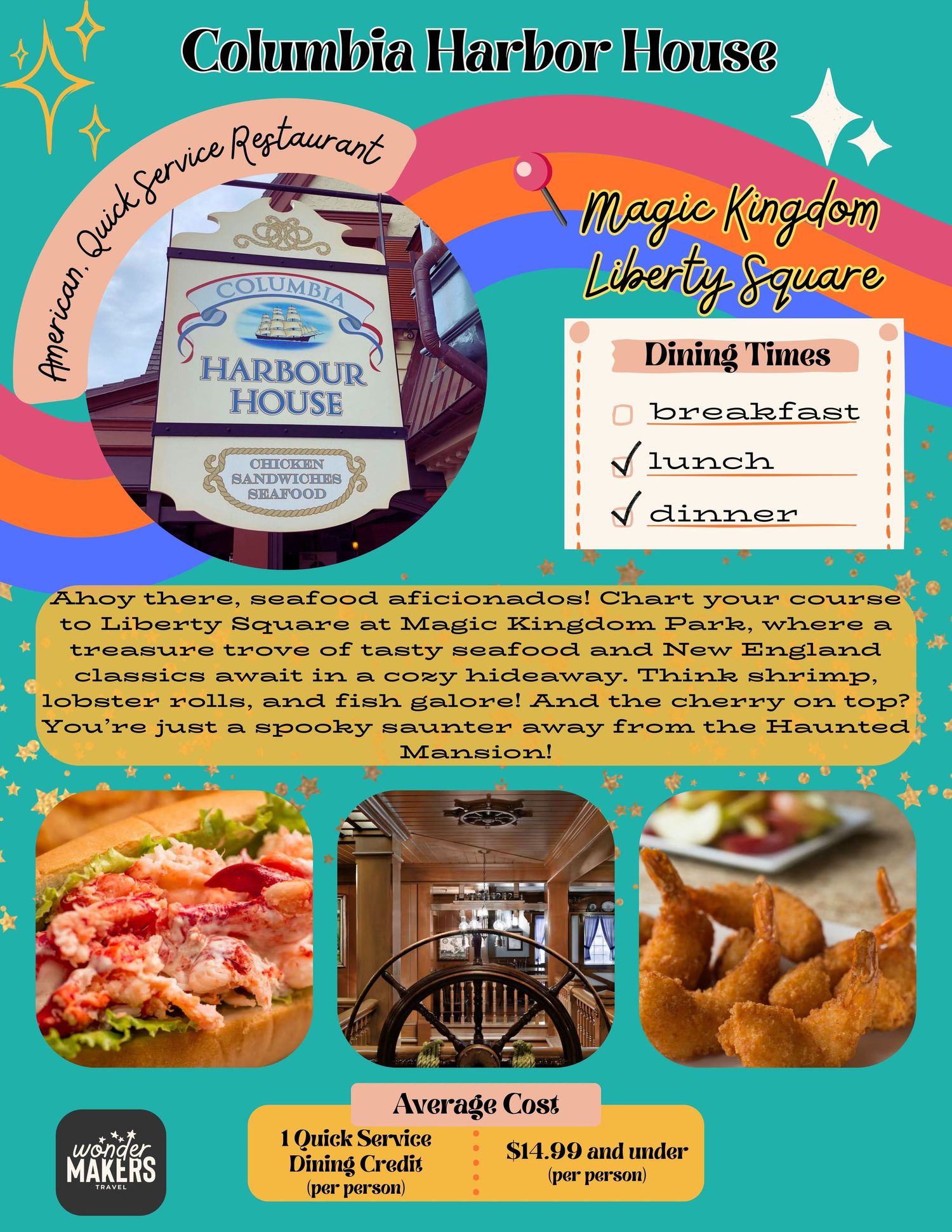 A collage of restaurant photos featuring Columbia Harbor House signage, seafood dishes, and dining areas at Magic Kingdom.