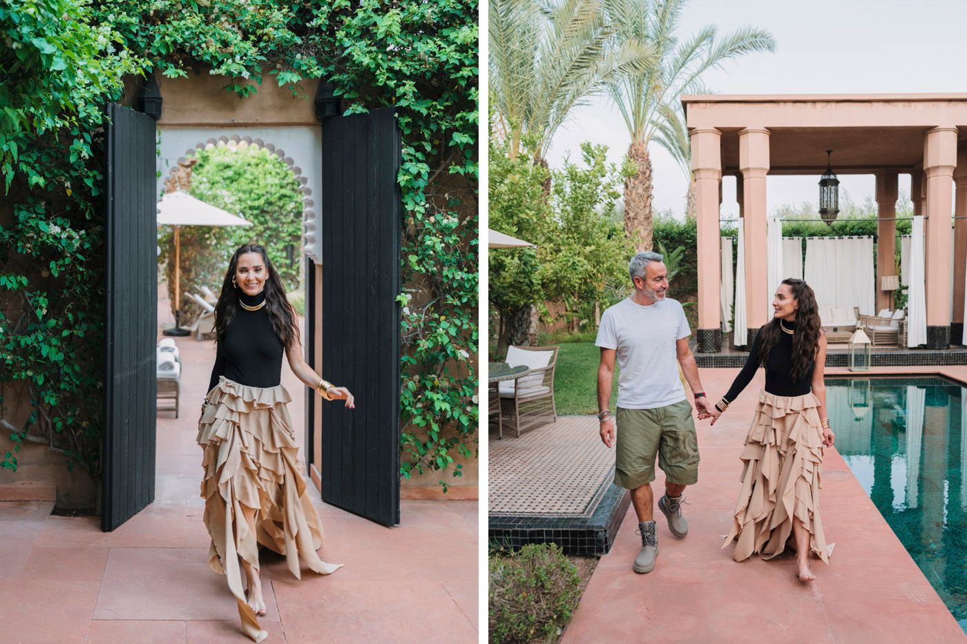 Two side-by-side photos showing a couple walking by luxurious outdoor courtyard with pillars and a pool.