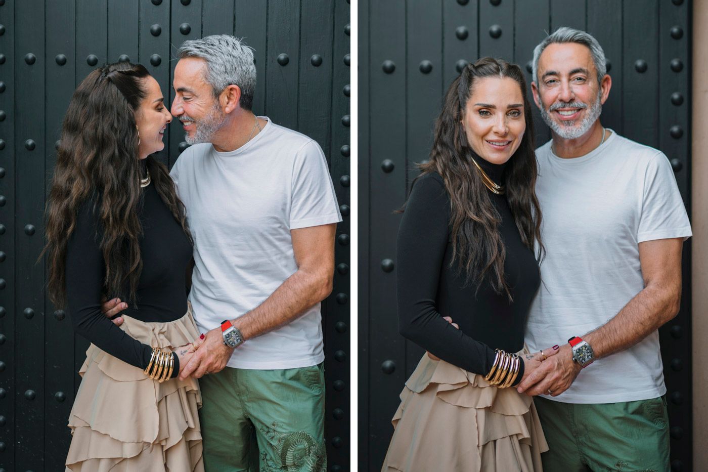A couple posing against a dark wall in a casual photo shoot wearing t-shirt and skirt.