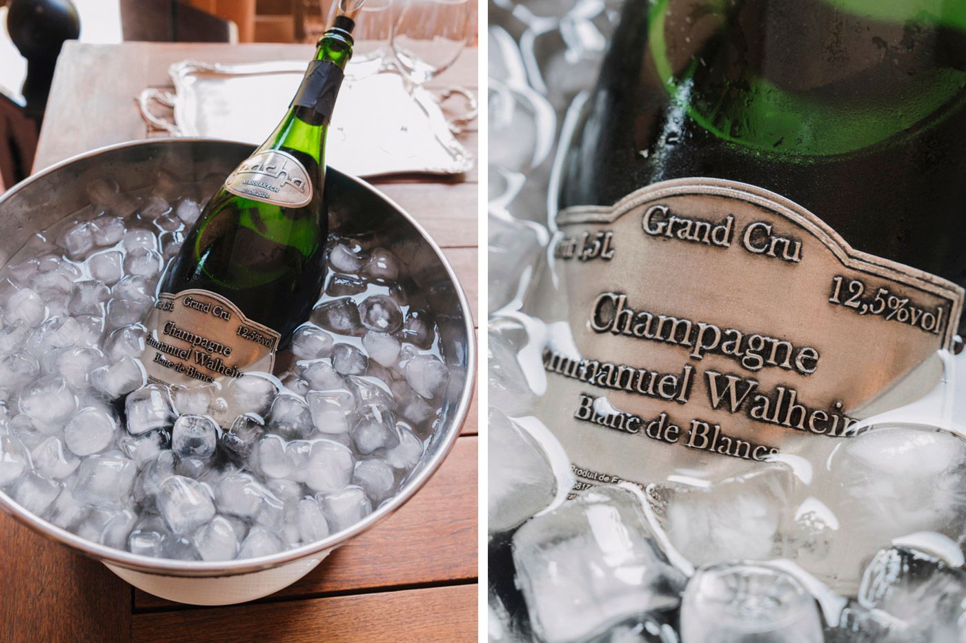 Champagne bottle chilling in ice bucket and close-up view of vintage champagne label on green glass bottle.