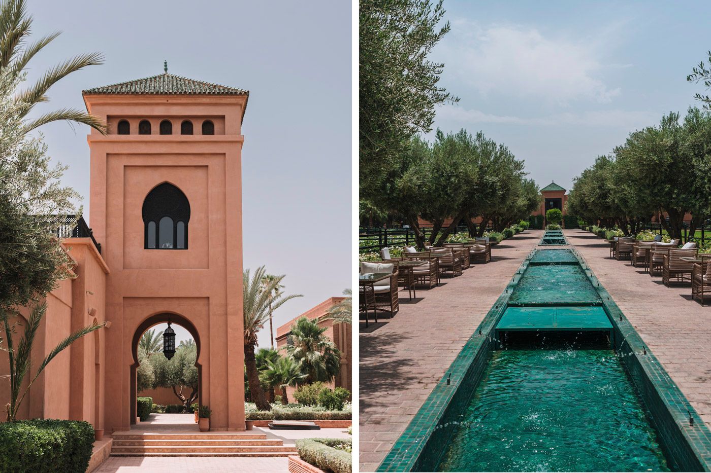 Two-image collage showing a Moroccan terracotta archway tower and a long turquoise reflecting pool lined with olive trees.