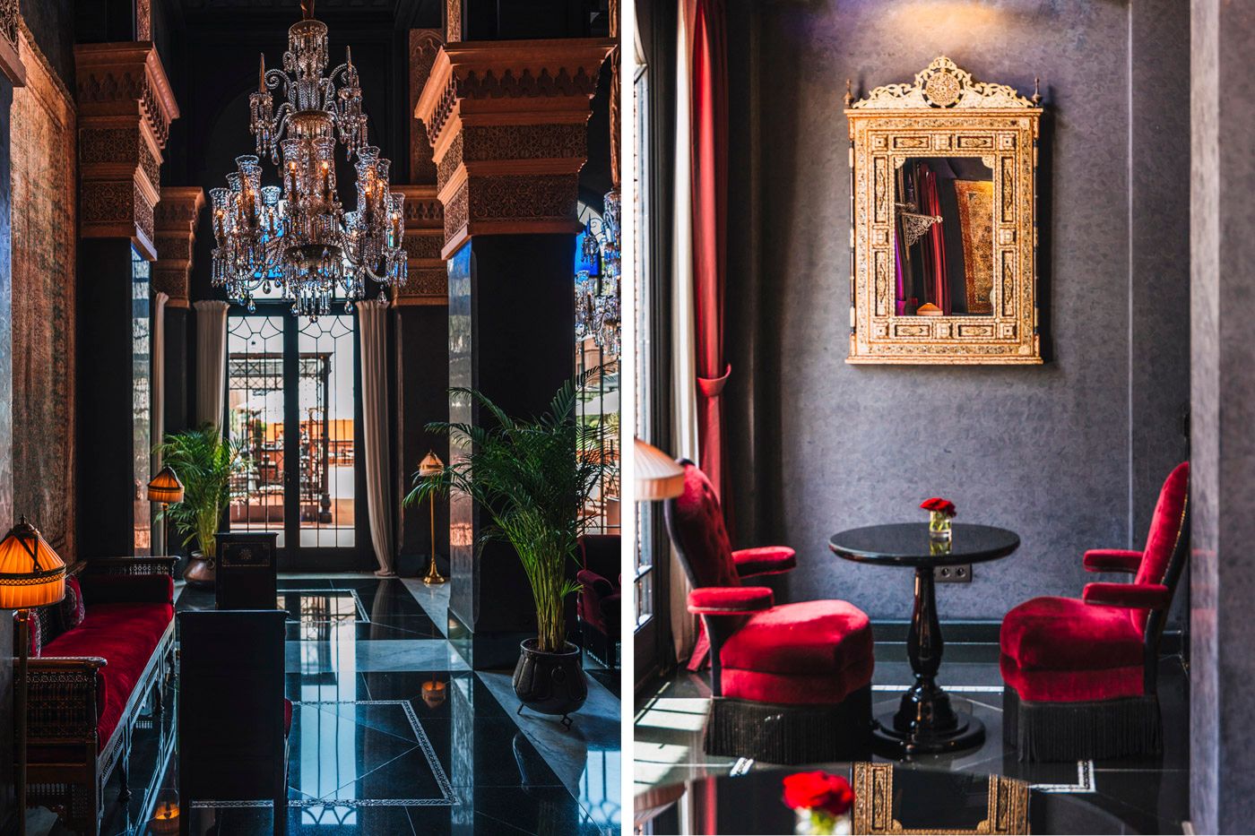 Luxurious restaurant interior with crystal chandelier and red velvet chairs in moody lighting with ornate mirror decor.