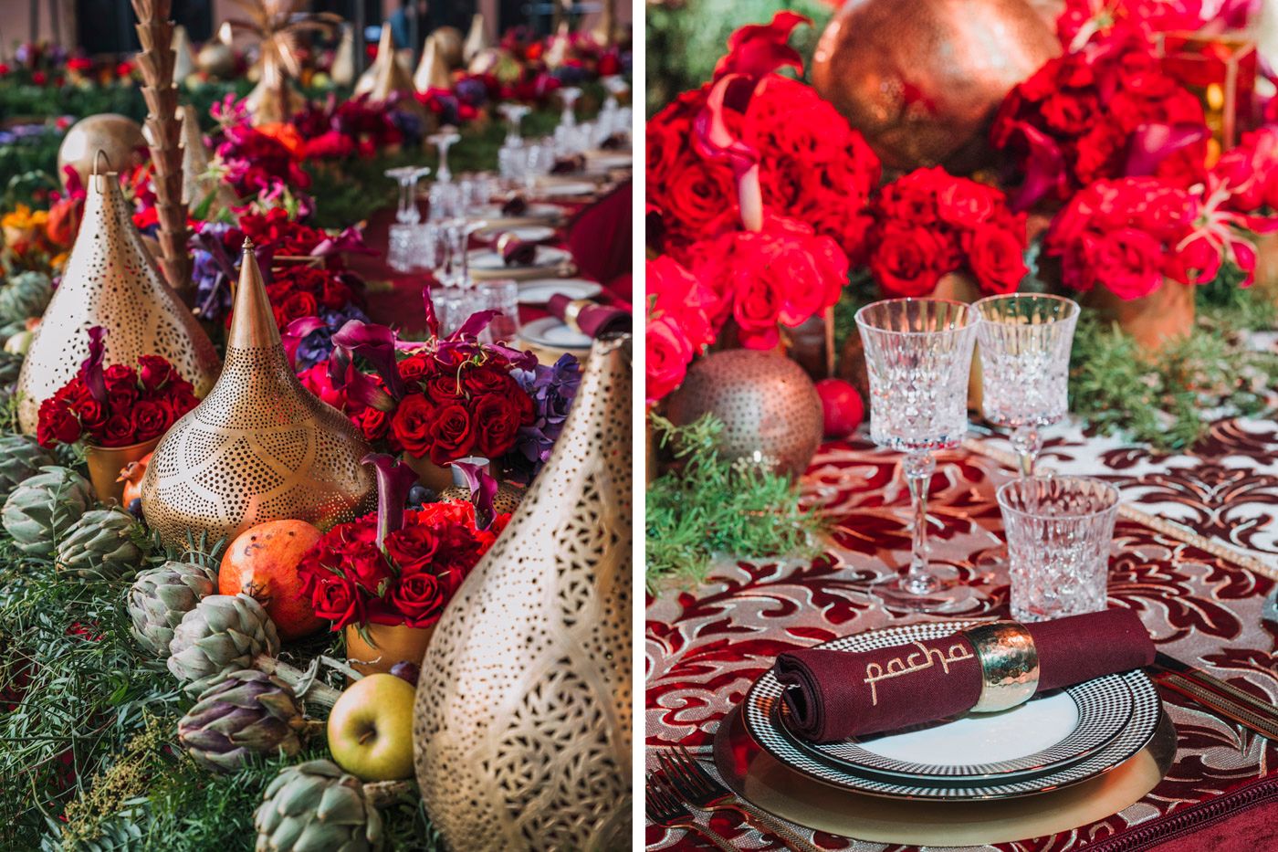 Elegant holiday table settings with ornate decorative gourds and red flowers alongside crystal glassware on patterned tablecloth.