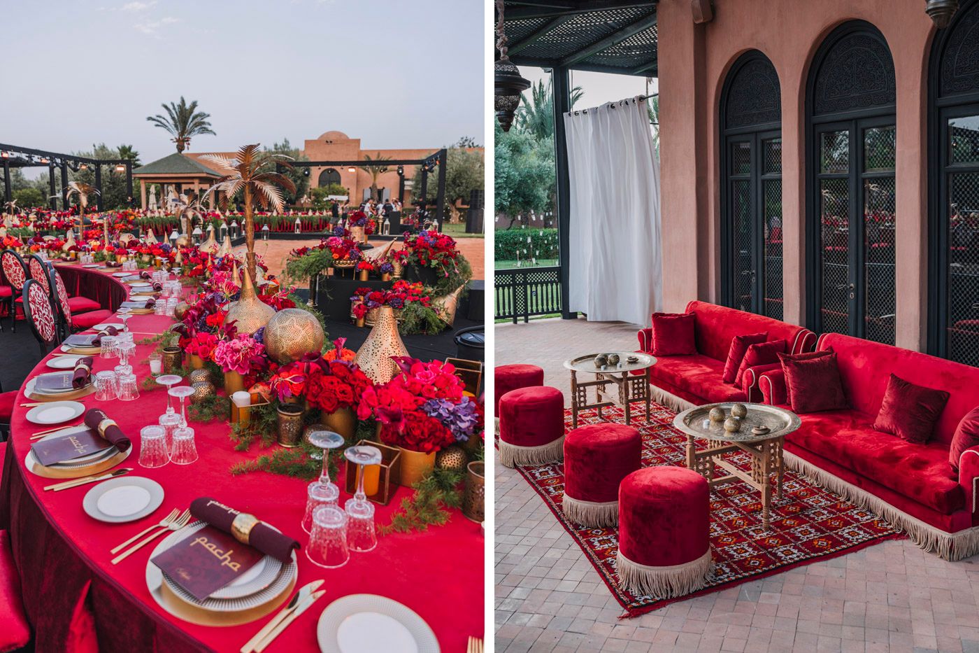 Two side-by-side event scenes with vibrant red decor, featuring an elegant table setting and a luxurious lounge area.