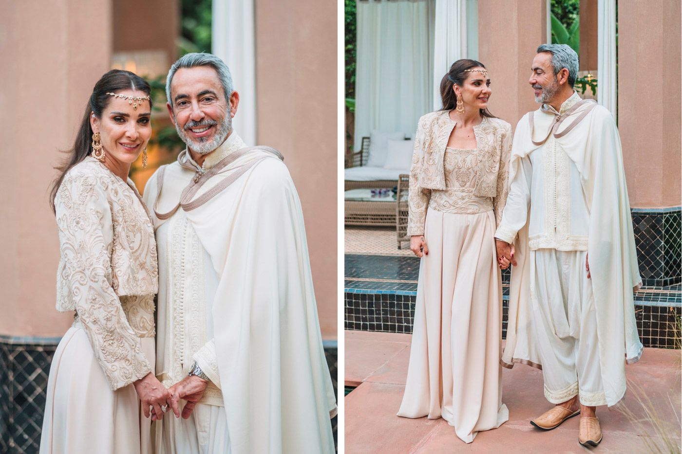 A joyful couple wearing traditional cream-colored Indian wedding attire poses together for elegant wedding portraits.