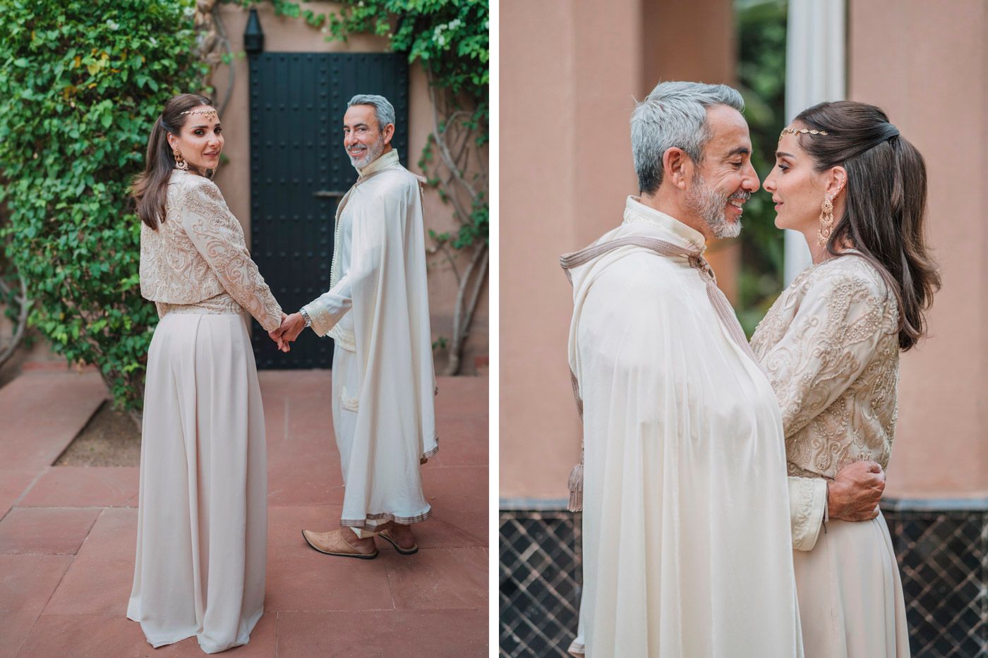 Two people wearing elegant cream-colored gowns share intimate moments in a garden setting with terracotta tiles.