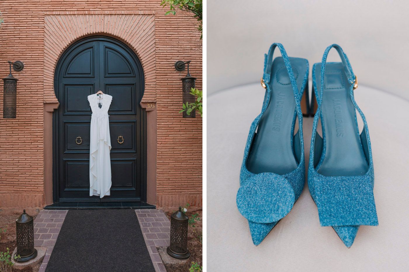 Blue glitter heels sit next to an arched black doorway of a brick building.