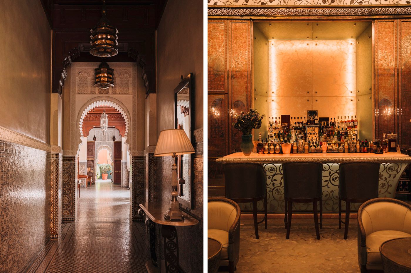 Elegant hotel corridor with arched doorway leads to warmly lit bar area featuring ornate decor and cozy seating.