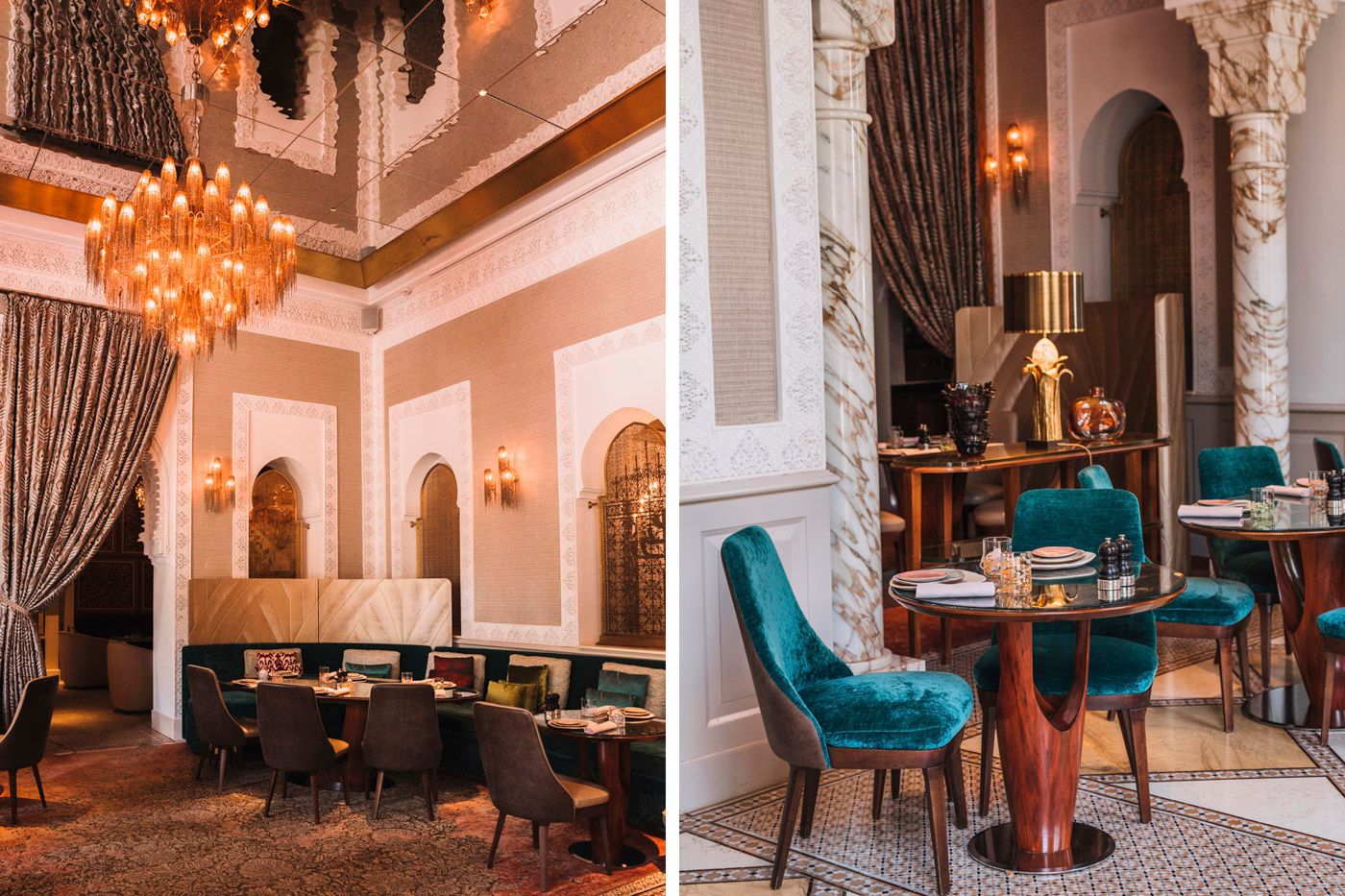 Luxurious restaurant interior with crystal chandeliers, arched doorways, teal velvet chairs and elegant dining tables.