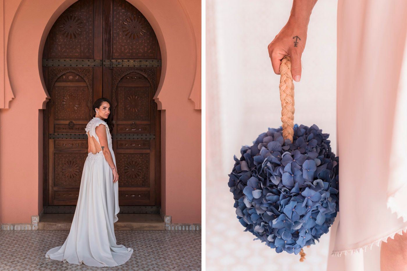 Wedding portrait against a terracotta wall featuring a flowing dress and detailed shot of a blue hydrangea bouquet.