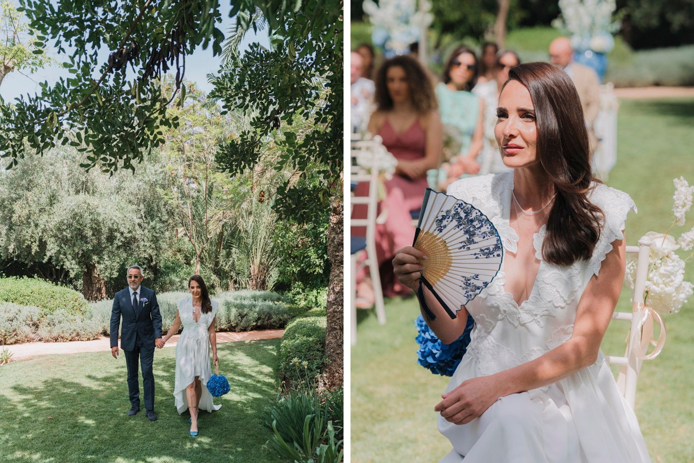 Two wedding photos side by side showing backyard garden ceremony and joyful moments with bubbles at outdoor reception.