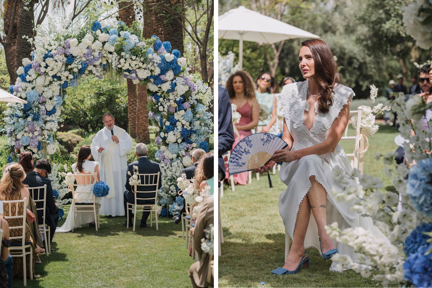 Outdoor wedding ceremony setup with blue floral arch and white chairs on a sunny garden lawn.