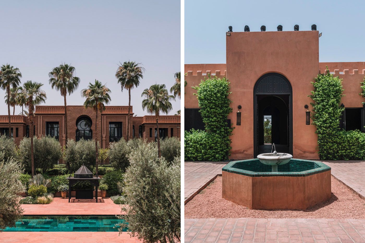 Moroccan riad architecture featuring terracotta walls, palm trees, and decorative fountains in a tranquil courtyard setting.