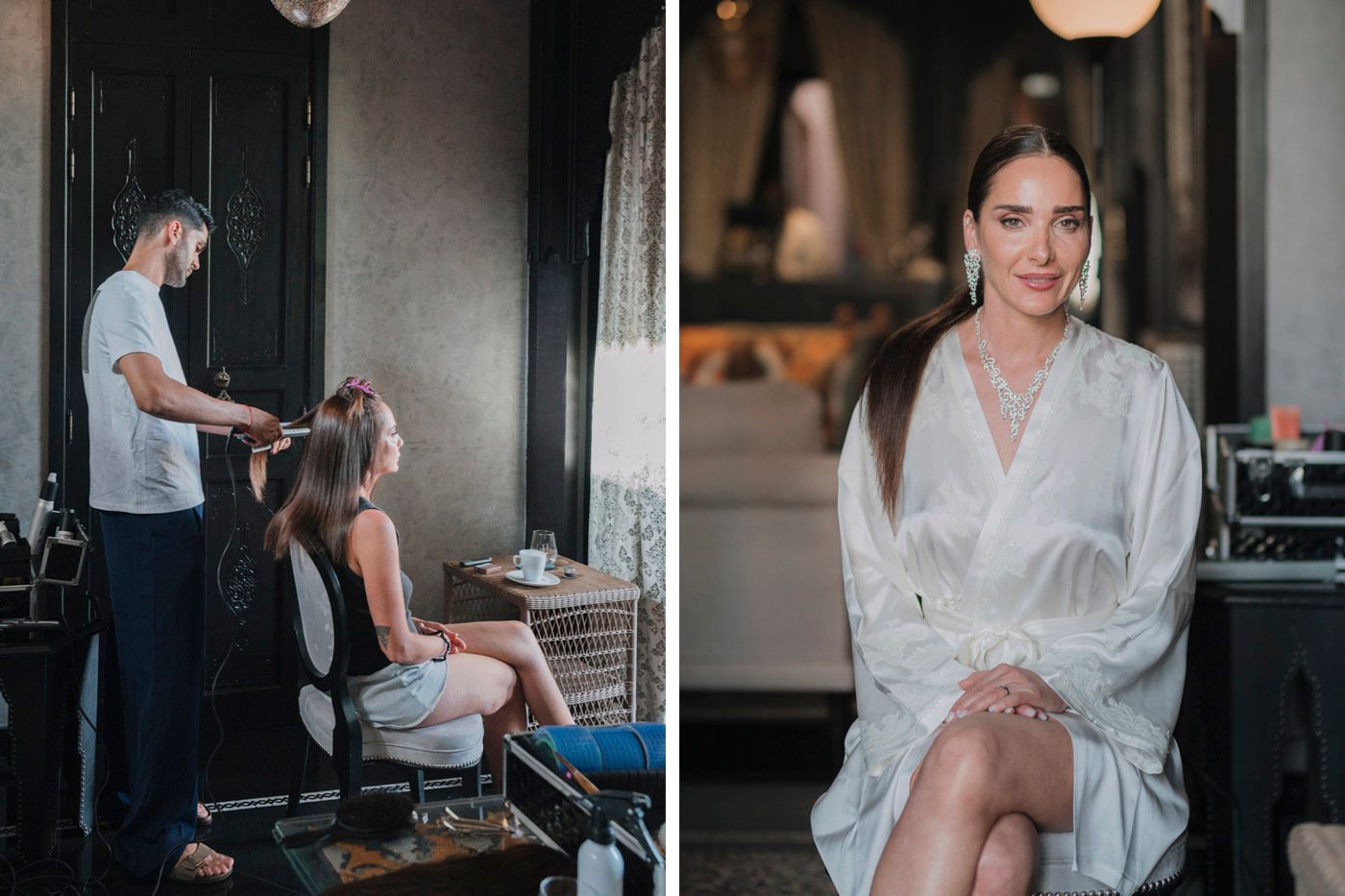 Wedding day preparation scene in a salon with a white silk robe and elegant styling setup.