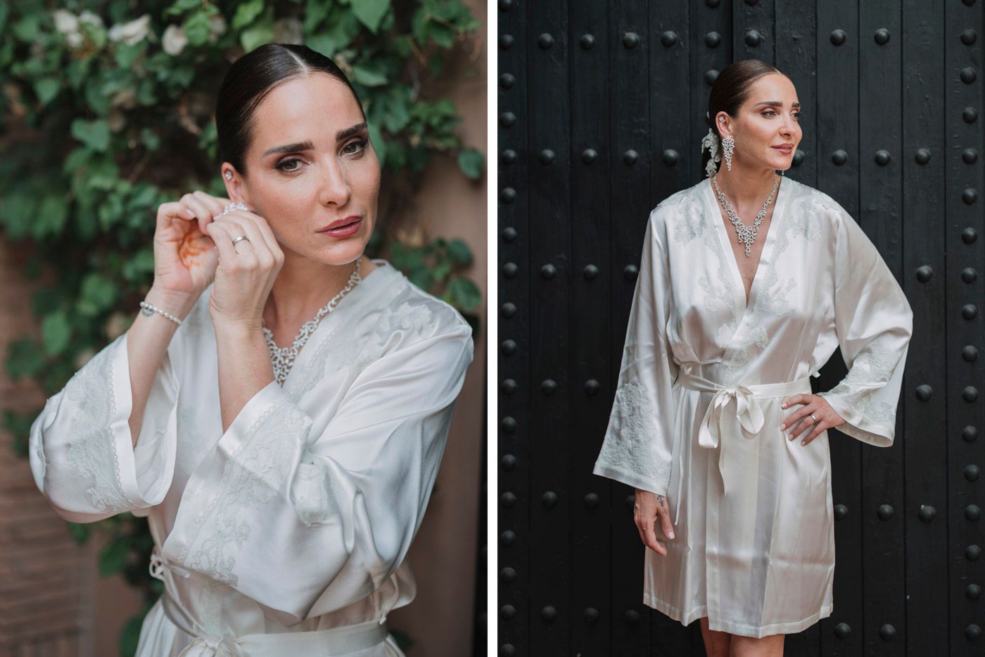 Elegant bridal portraits featuring a classic white satin robe against textured backgrounds.