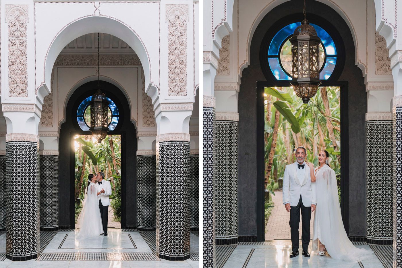 Elegant archway with ornate Moroccan tiles and lantern frames a couple standing beneath at a luxury resort.