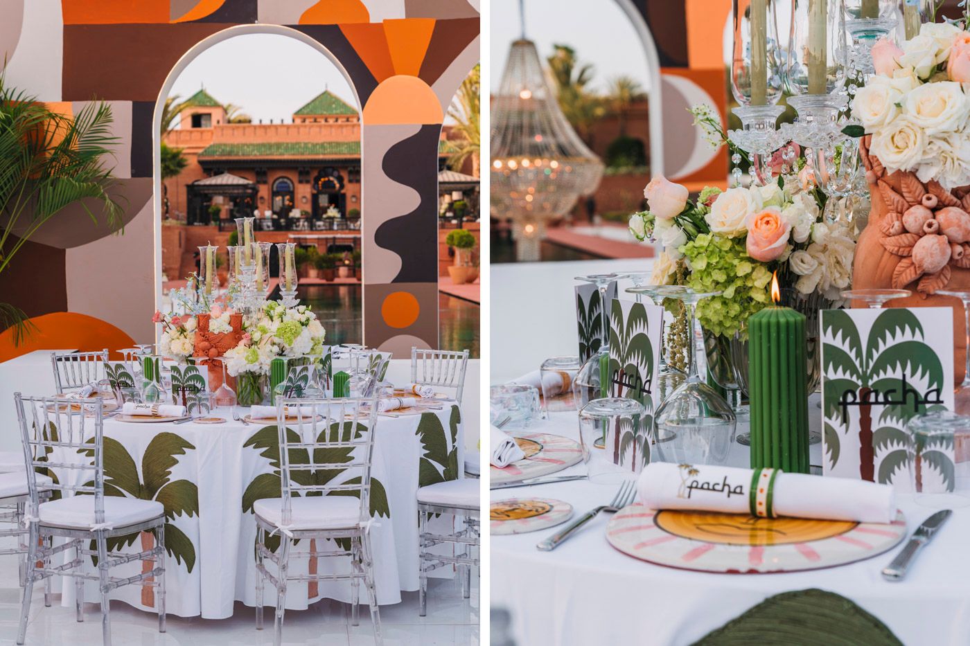 Elegant wedding reception setup featuring round tables with floral centerpieces and crystal glassware in a peach-toned venue.