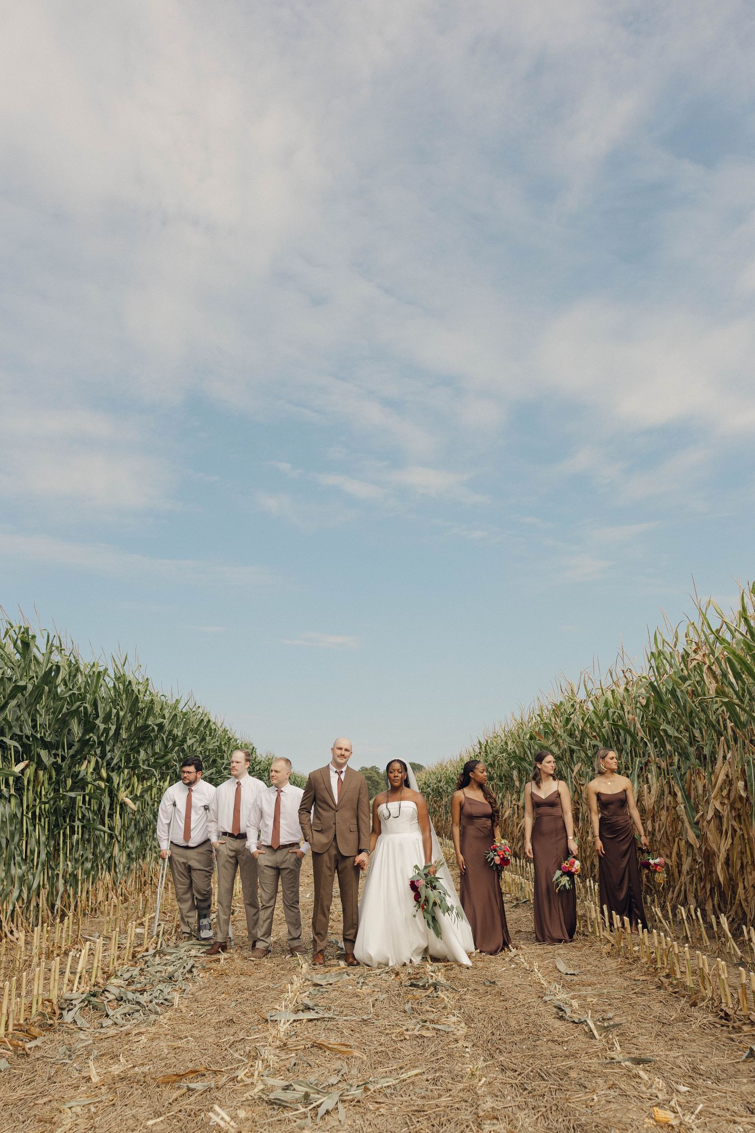 Wedding party poses on dirt path between tall cornfields under blue sky with wispy clouds on sunny day.