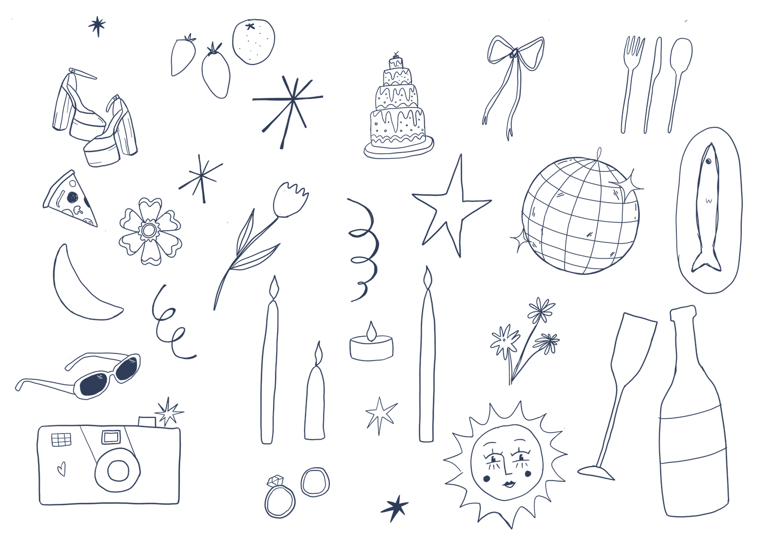 Hand-drawn blue doodles of party-related objects including stars, balloons, champagne, cake, camera and utensils on black background.