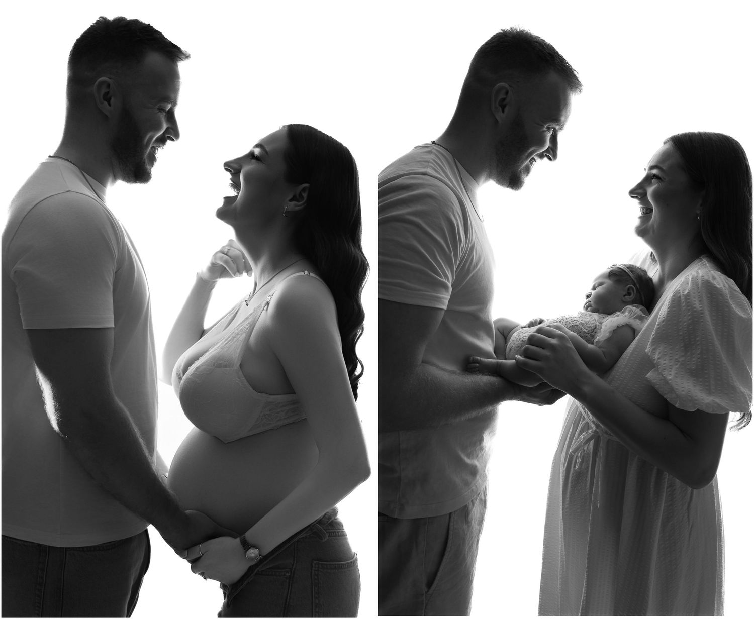 Black and white maternity and newborn photo collage of couple posing before and after birth of their baby. Vanessa Charlotte Photography