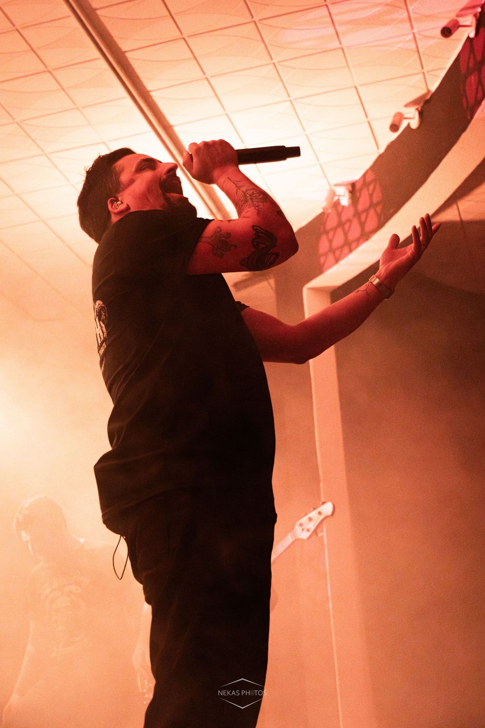 Tattooed male singer performing on stage with microphone under dramatic orange lighting and smoke effects.