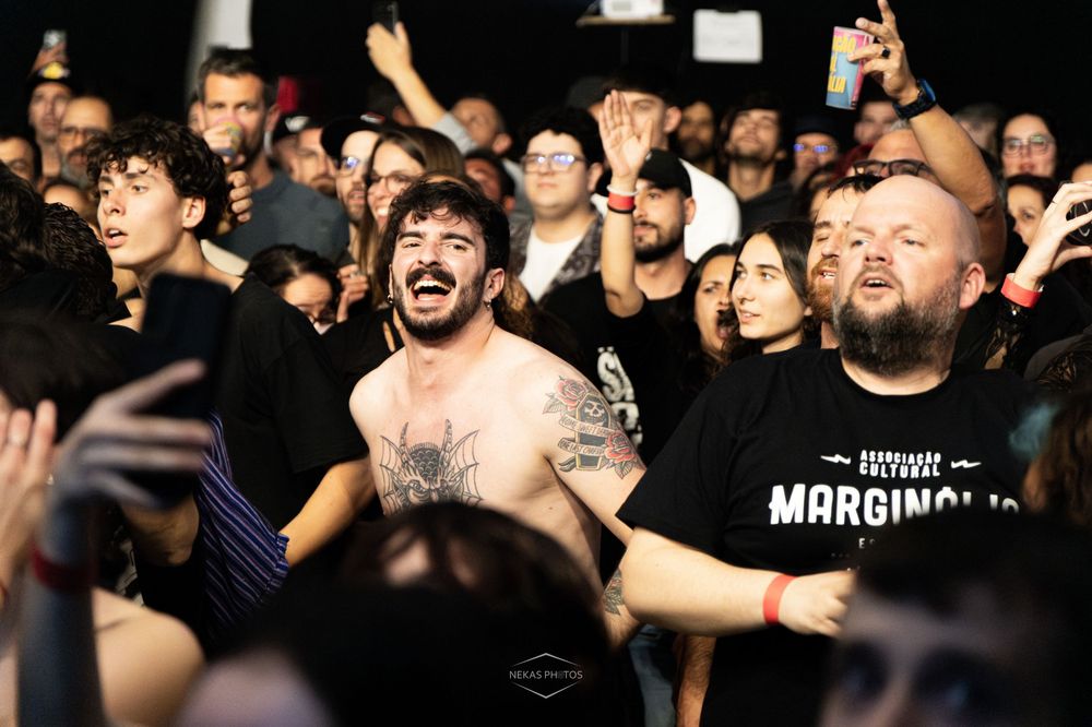 Excited concert crowd with tattooed shirtless fan singing along at a live music event.