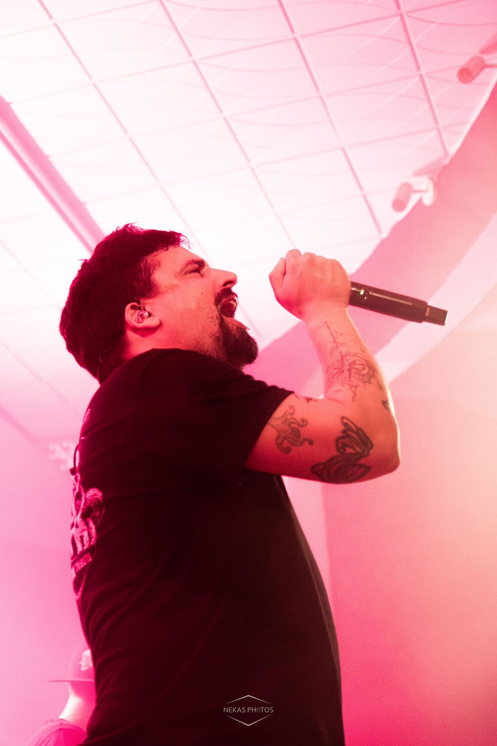 Tattooed male vocalist singing passionately into microphone on stage bathed in red lighting during live concert performance.