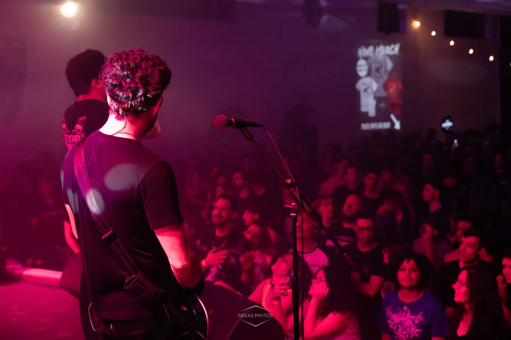Guitarist performs on stage with back to crowd at packed indoor rock concert under pink lights.