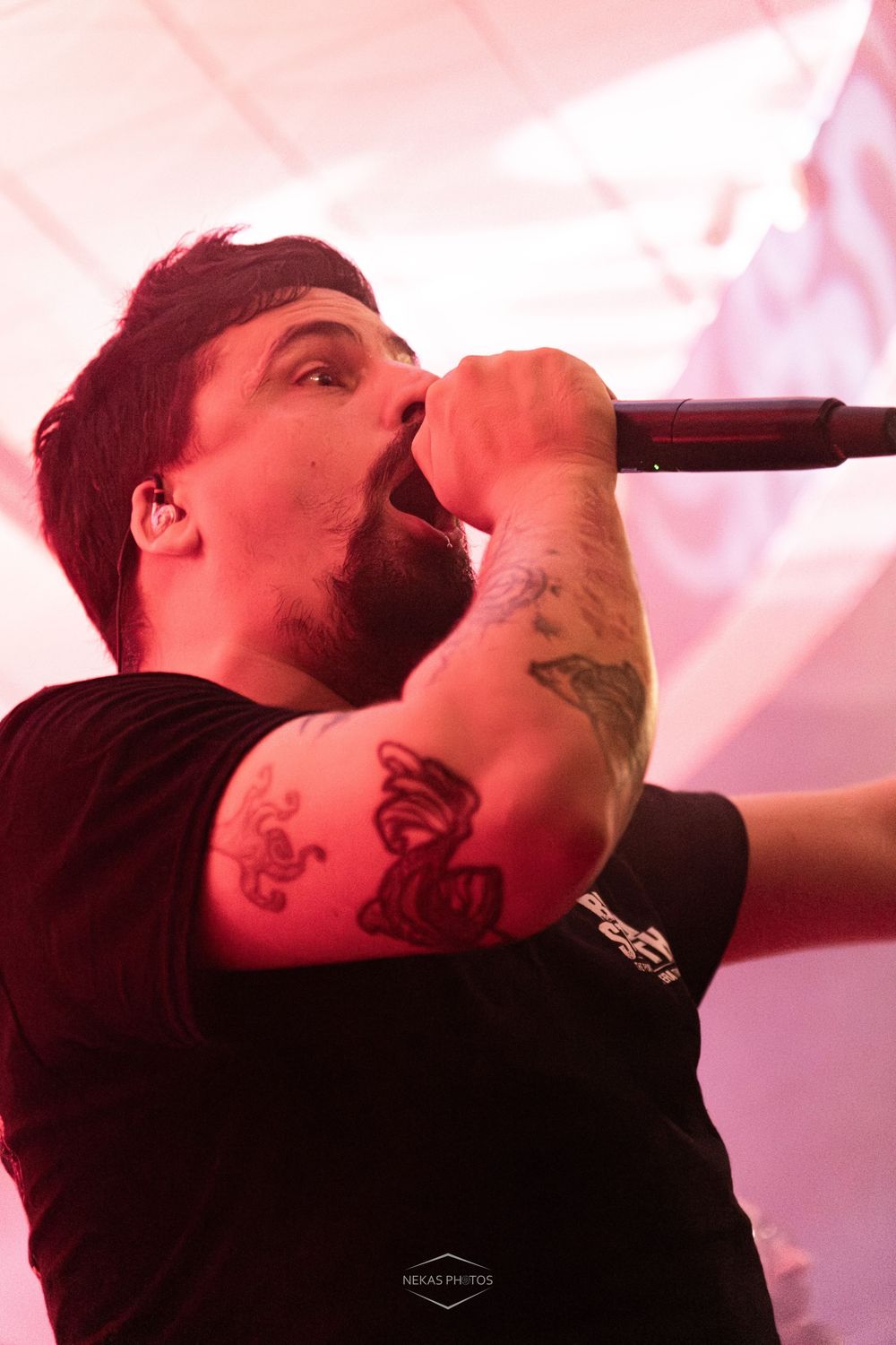 Tattooed male vocalist singing passionately into microphone on stage under red concert lighting.
