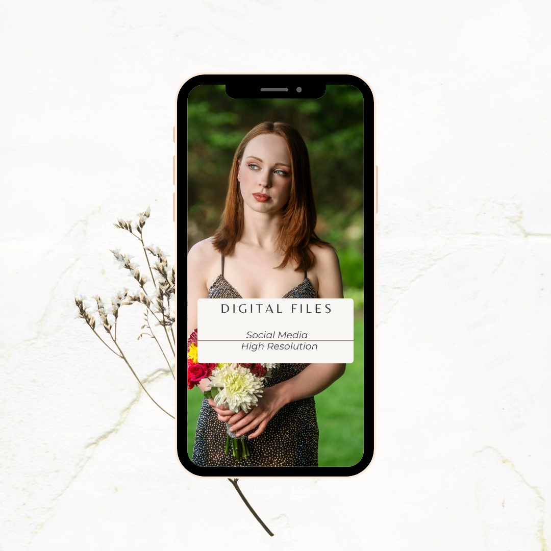 Smartphone mockup displaying digital files offer with a young woman holding flowers, ideal for social media and high resolution use.