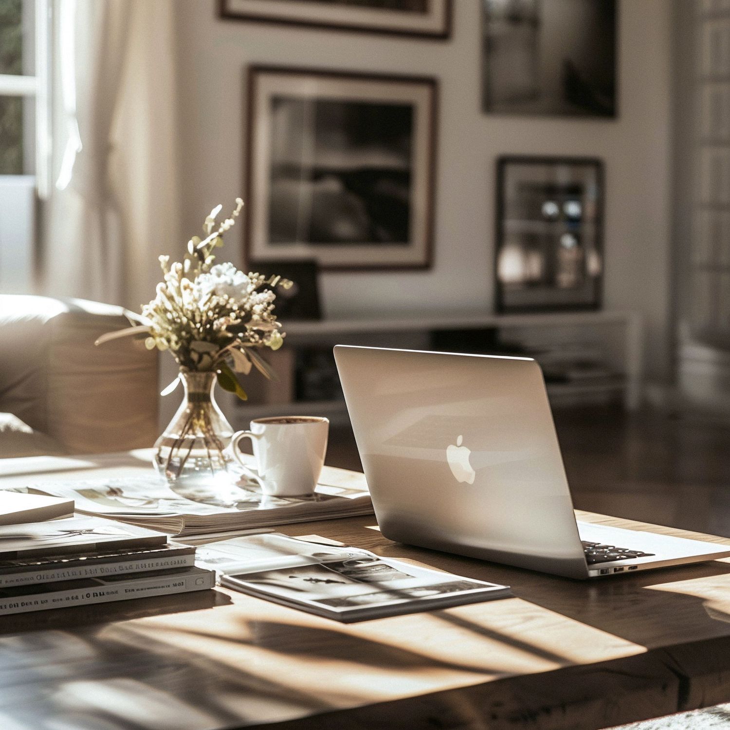 Sunlit home office setup with MacBook laptop, coffee cup, and wildflowers on a wooden table in a cozy living room.