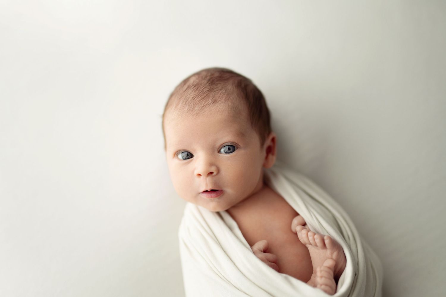Alert newborn baby with blue eyes wrapped in a white swaddle on a white background.