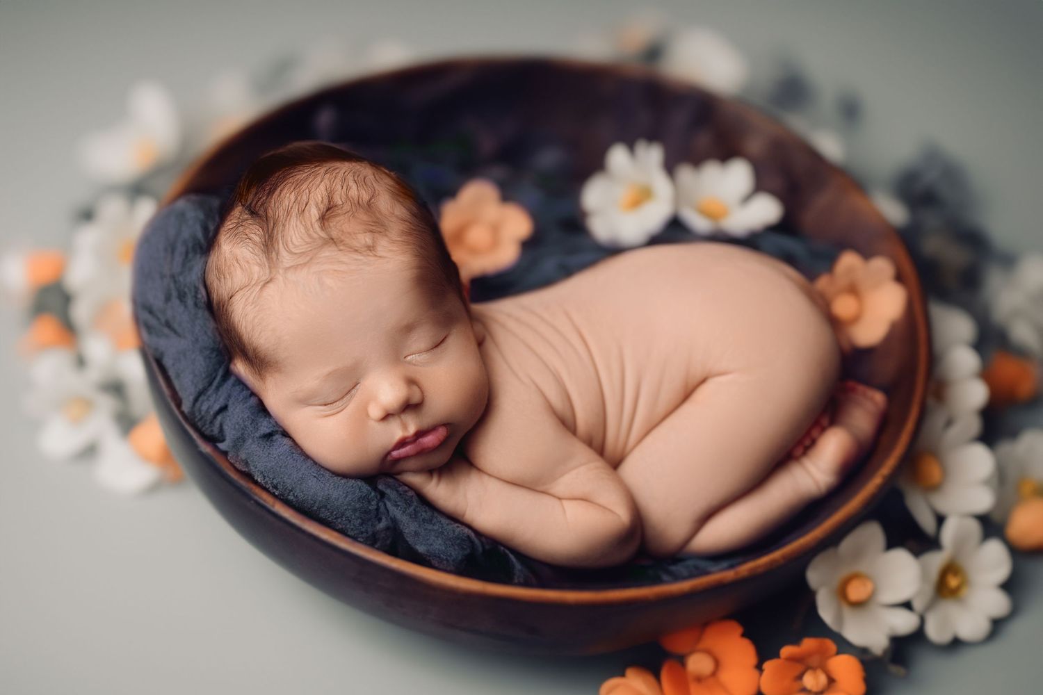 Sleeping newborn baby posed in a wooden bowl surrounded by orange and white flowers.