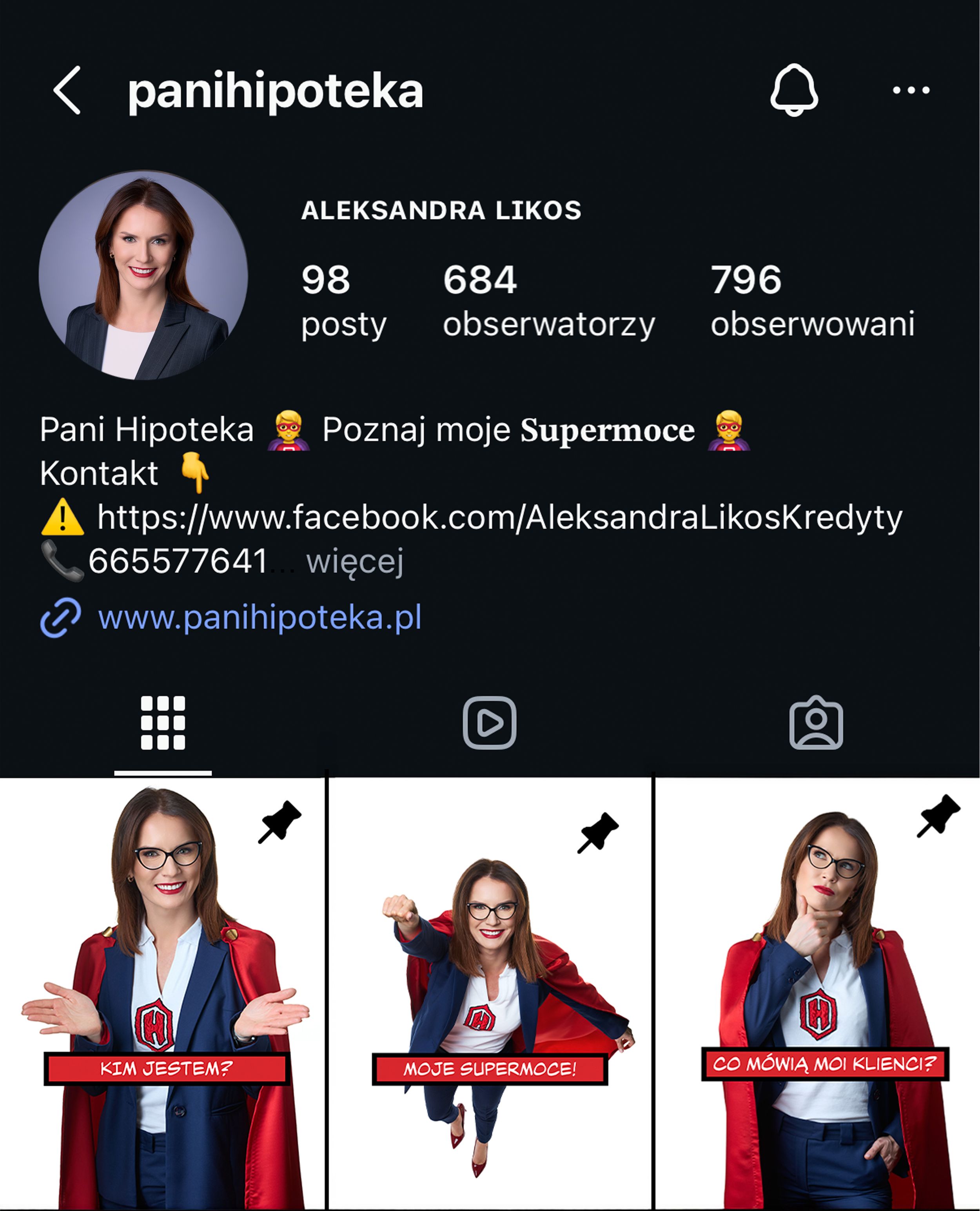 Profil Instagram polskiej ekspertki kredytów hipotecznych Aleksandry Likos, pokazujący 98 postów, 684 obserwujących oraz promocyjne grafiki