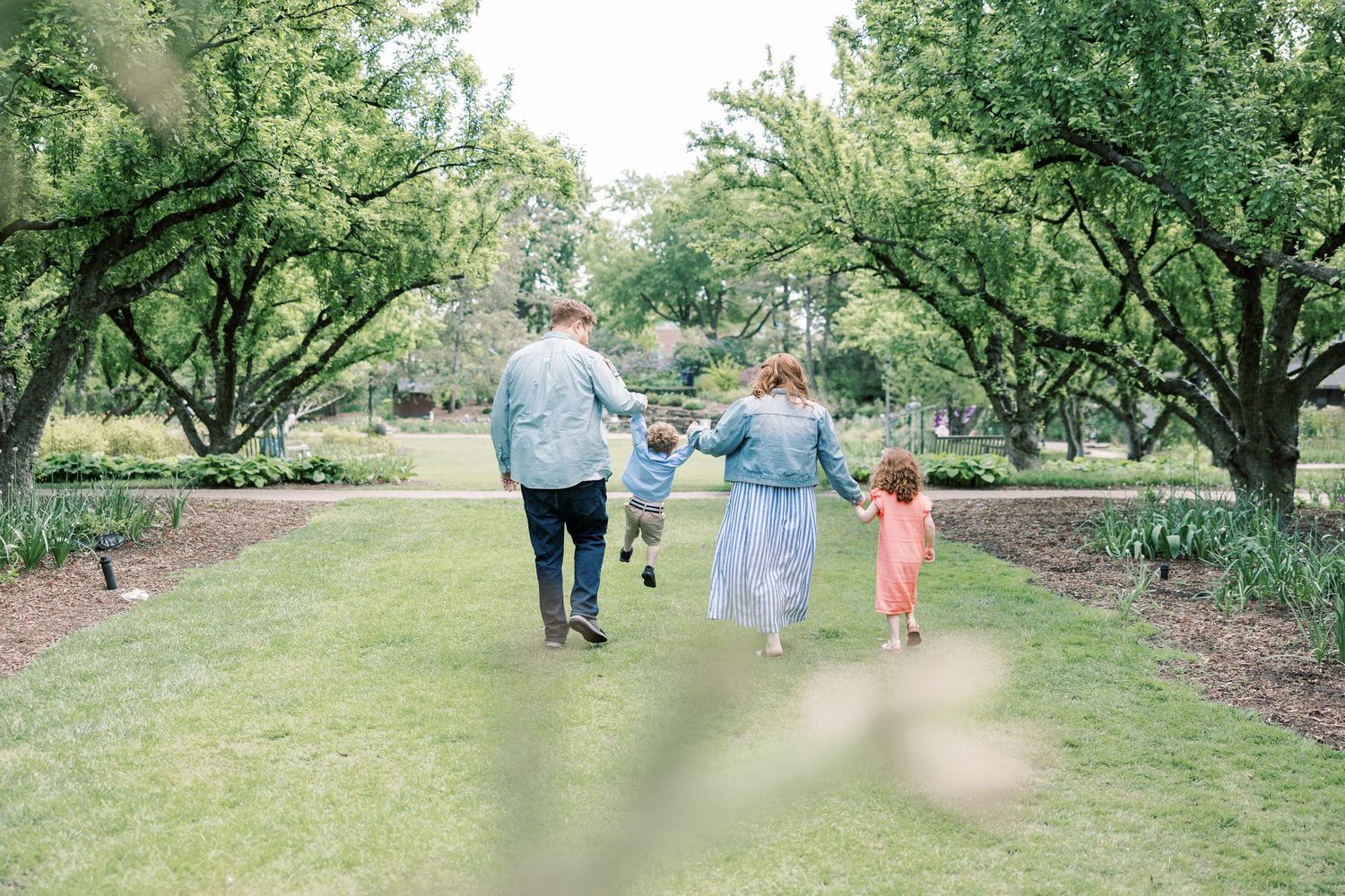 Family of four walking hand-in-hand through a lush green tree-lined garden path.