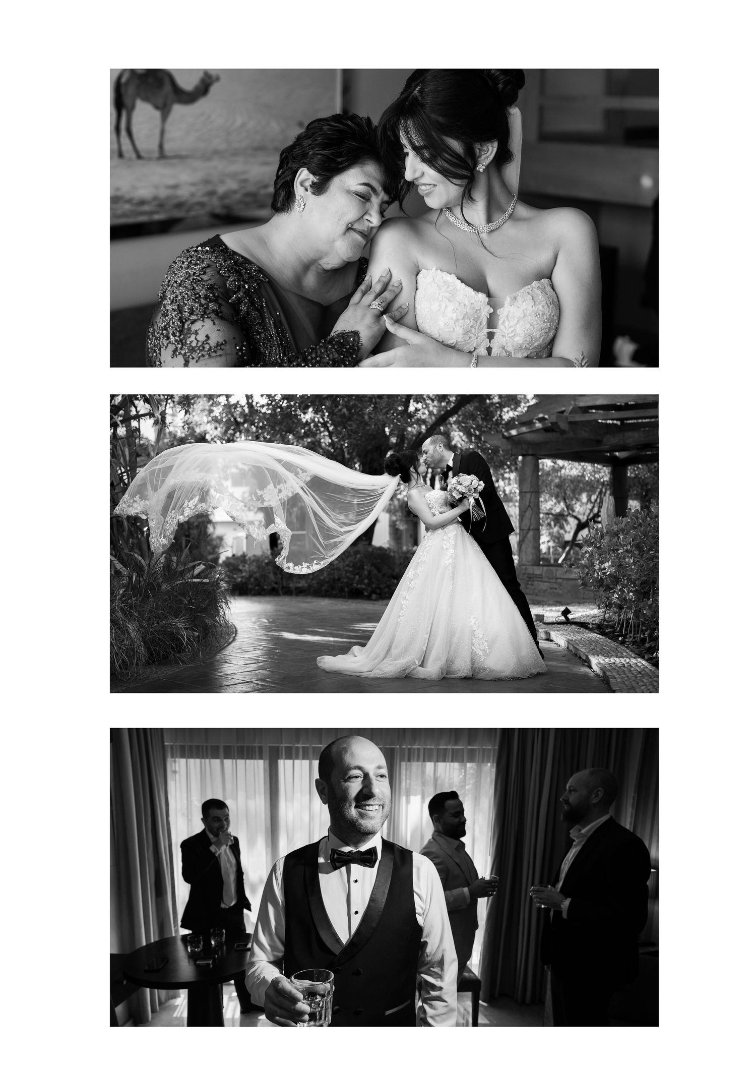 Black and white wedding collage showing bride with mother, couple dancing with veil, and groom in vest with bow tie.