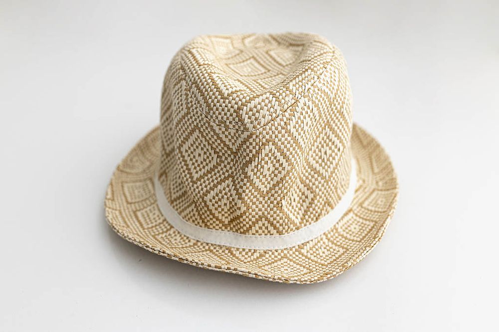 Baby boys natural woven straw fedora hat with white band for kids.
