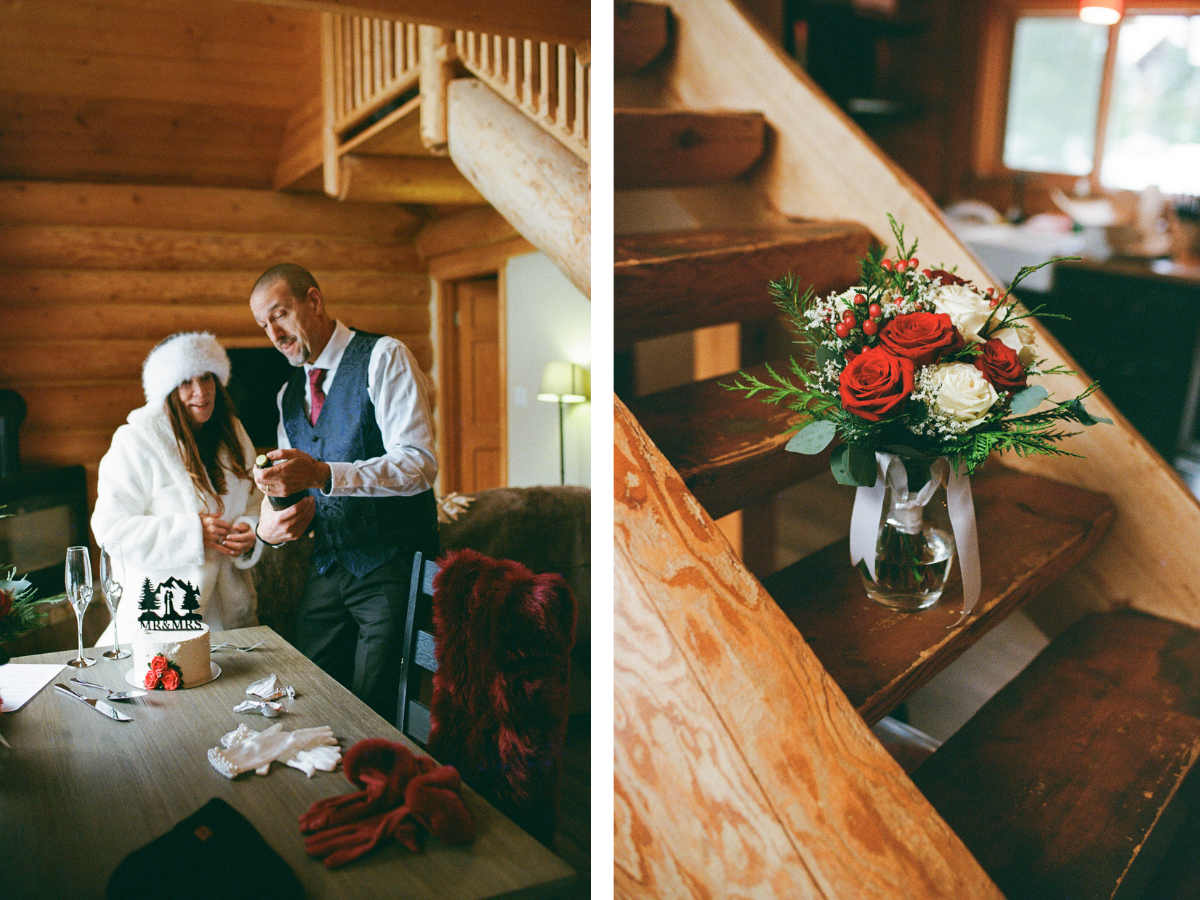 35 mm film photo of bride and groom opening a bottle of champagne in a log cabin