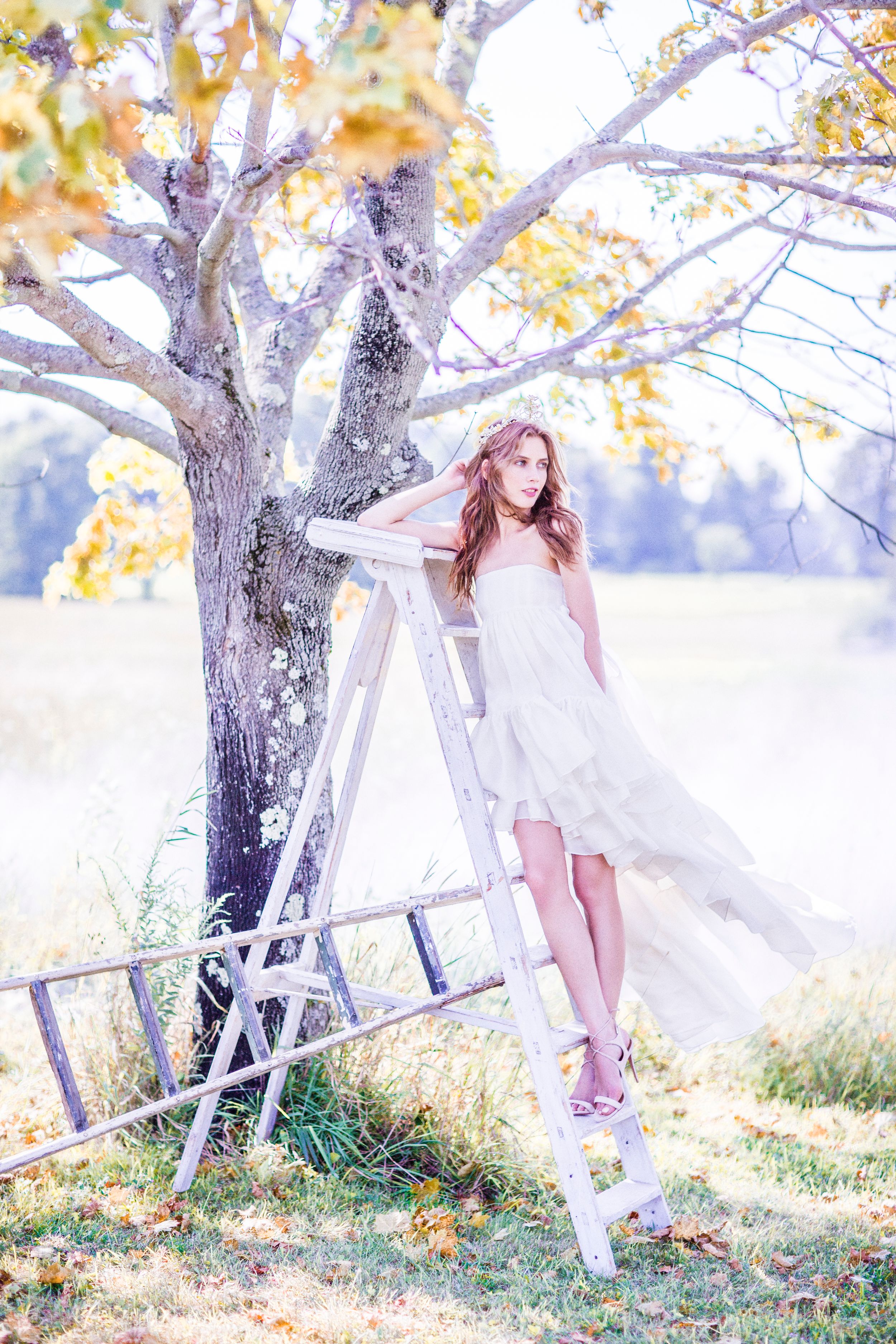Young woman in white flowing dress stands on a wooden ladder leaning against a tree in a dreamy outdoor setting.