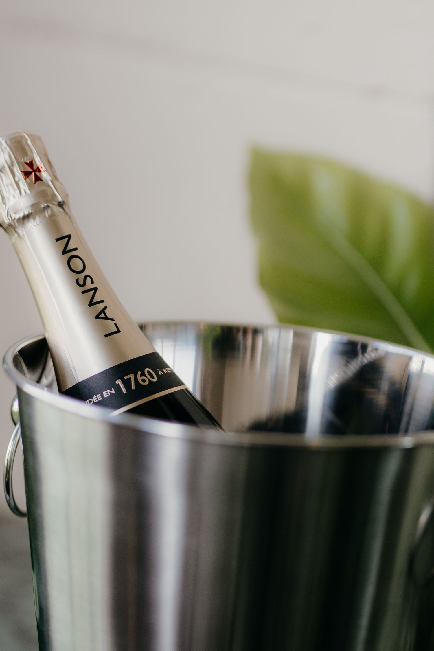 Lanson champagne bottle chilling in a silver ice bucket beside a green tropical leaf.