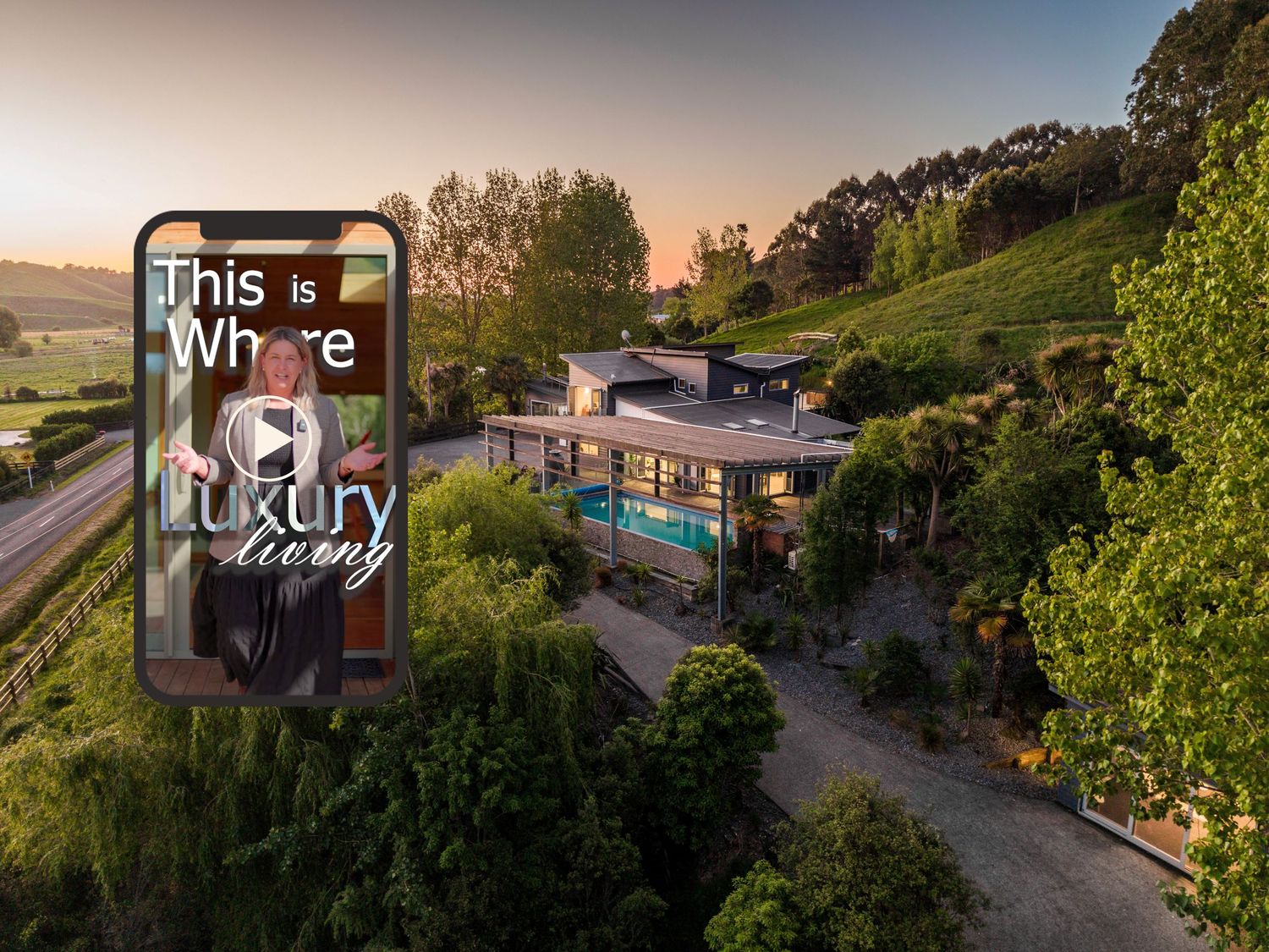Aerial view of a luxury home with pool at sunset, featuring a promotional video overlay for luxury living.