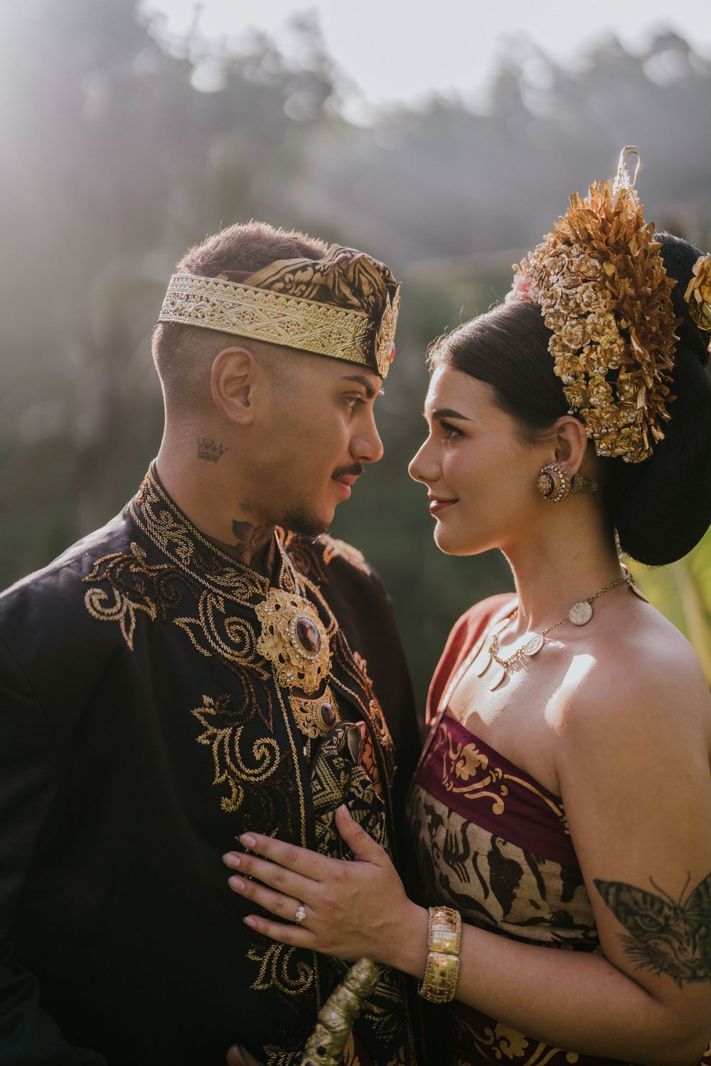Prewedding photoshoot in Bali with Balinese costume at rice terrace and Ulu Petanu Waterfall