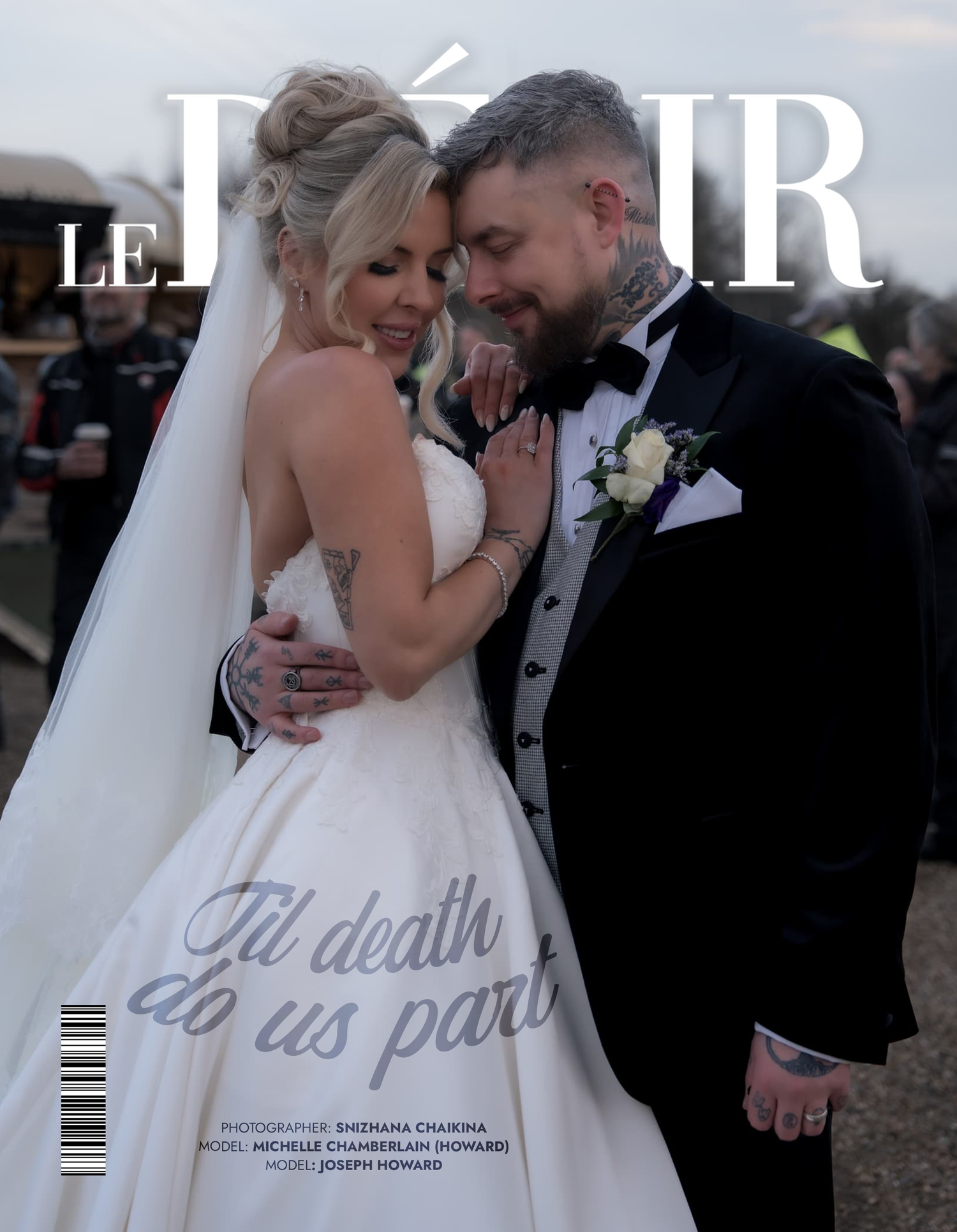 Wedding couple embraces on Le Devoir magazine cover, bride in white gown with veil, groom in tuxedo, tattoos visible.