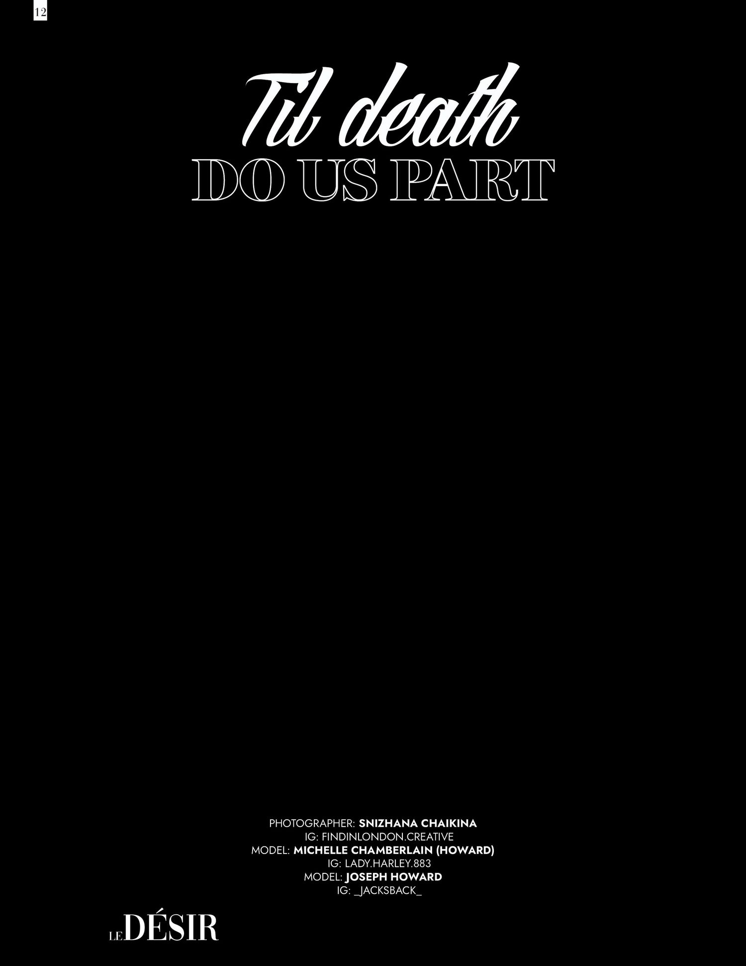 Til Death Do Us Part editorial title page from Le Desir magazine in elegant white script on black background.