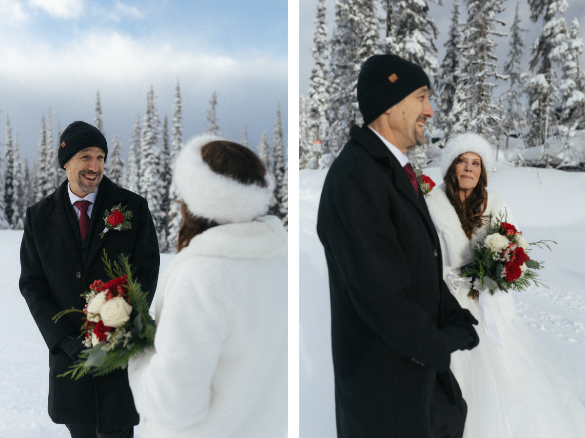 bride and groom smile at each other during snowy elopement ceremony in BC