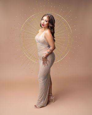 elegant woman birthday photoshoot studio with cake champagne and glam styling Sarasota
