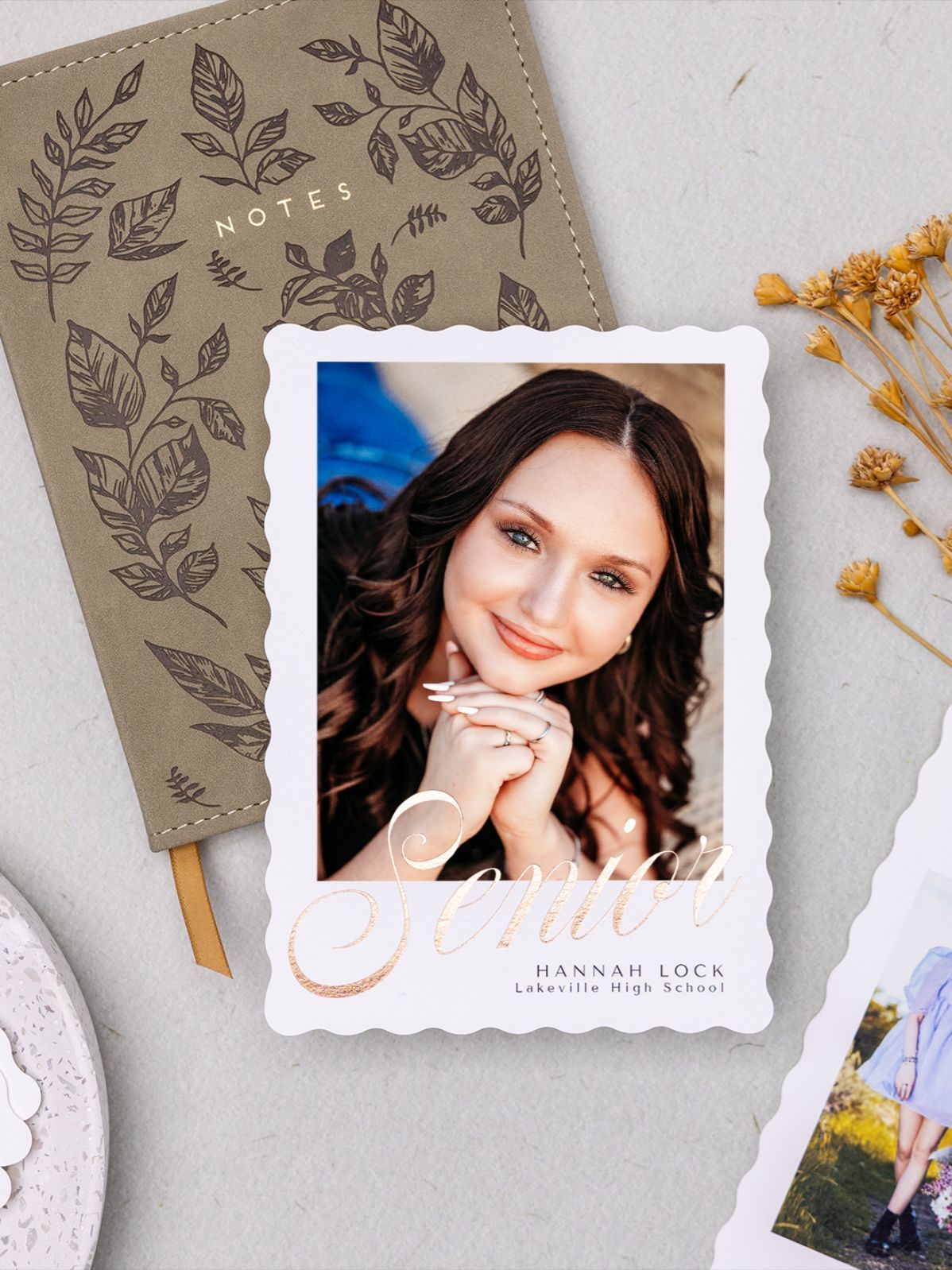 Senior graduation announcement card featuring a portrait of a young lady with elegant gold script that says "Senior" in DFW.