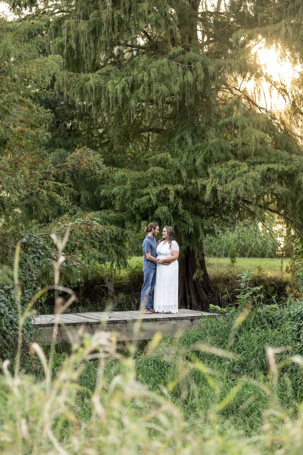 Couple embracing on a wooden bridge surrounded by lush greenery and a large evergreen tree at golden hour.