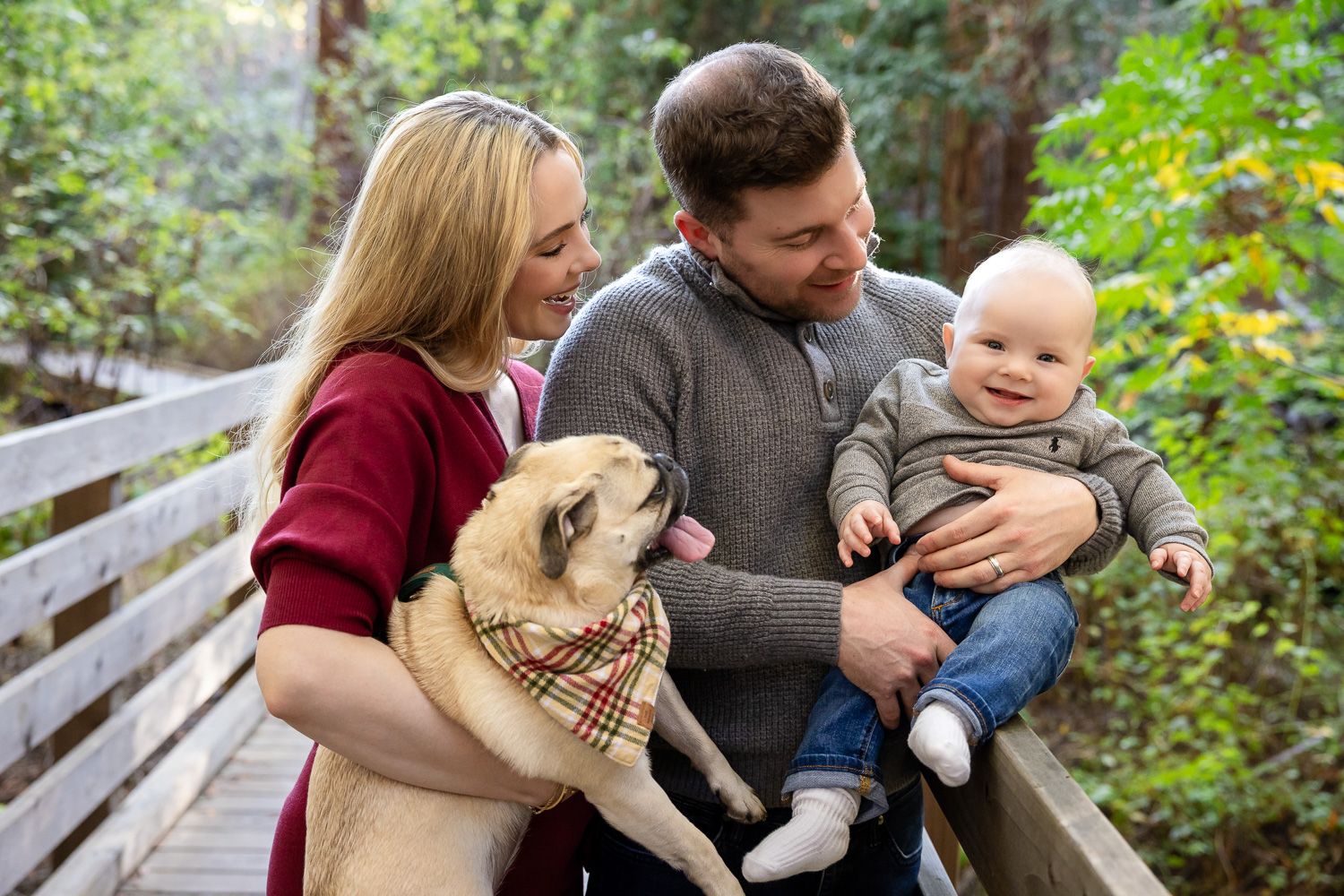 A Bay Area family and their dog share loving moments together on a wooden bridge during an autumn photoshoot.